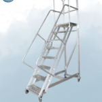 Aluminium rolling staircase with platform and wheels for warehouse and industrial access in UAE