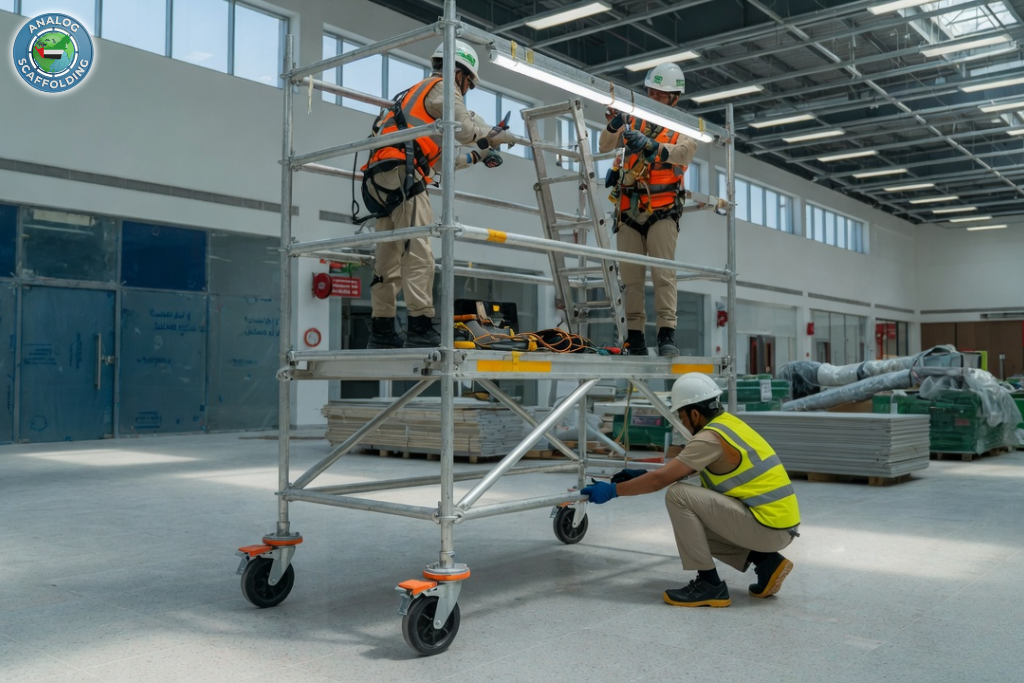 Mobile scaffold towers with wheels for maintenance and construction work