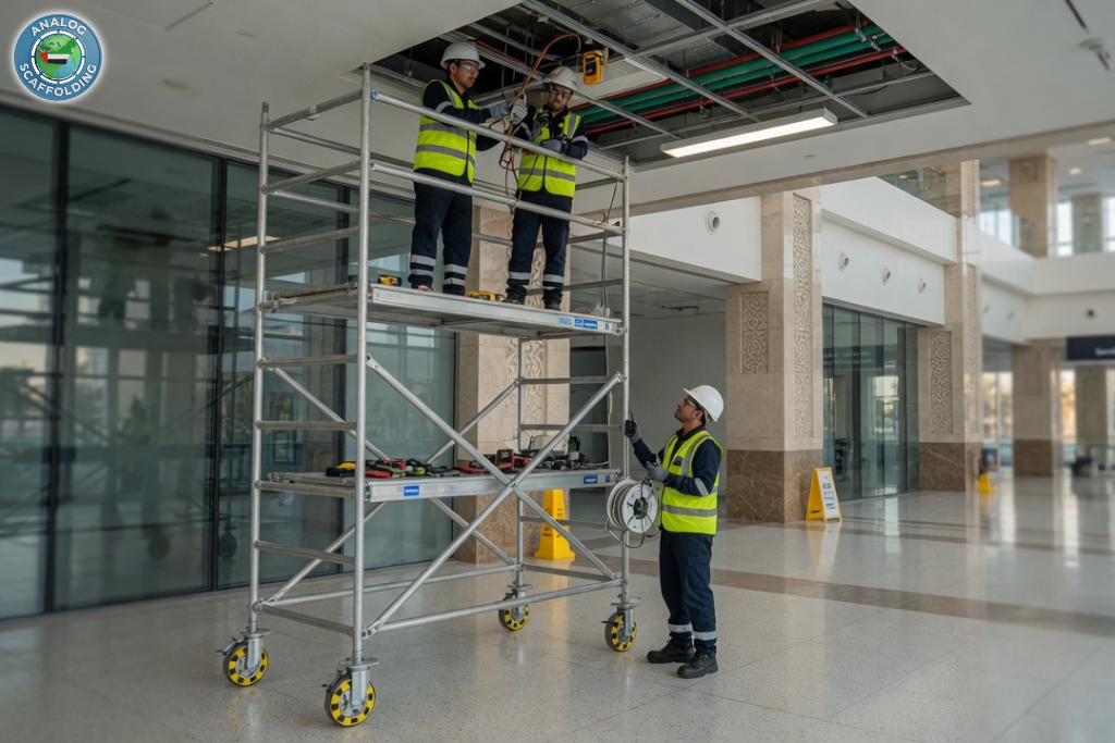 Aluminium scaffolding systems used for construction, maintenance, and industrial applications