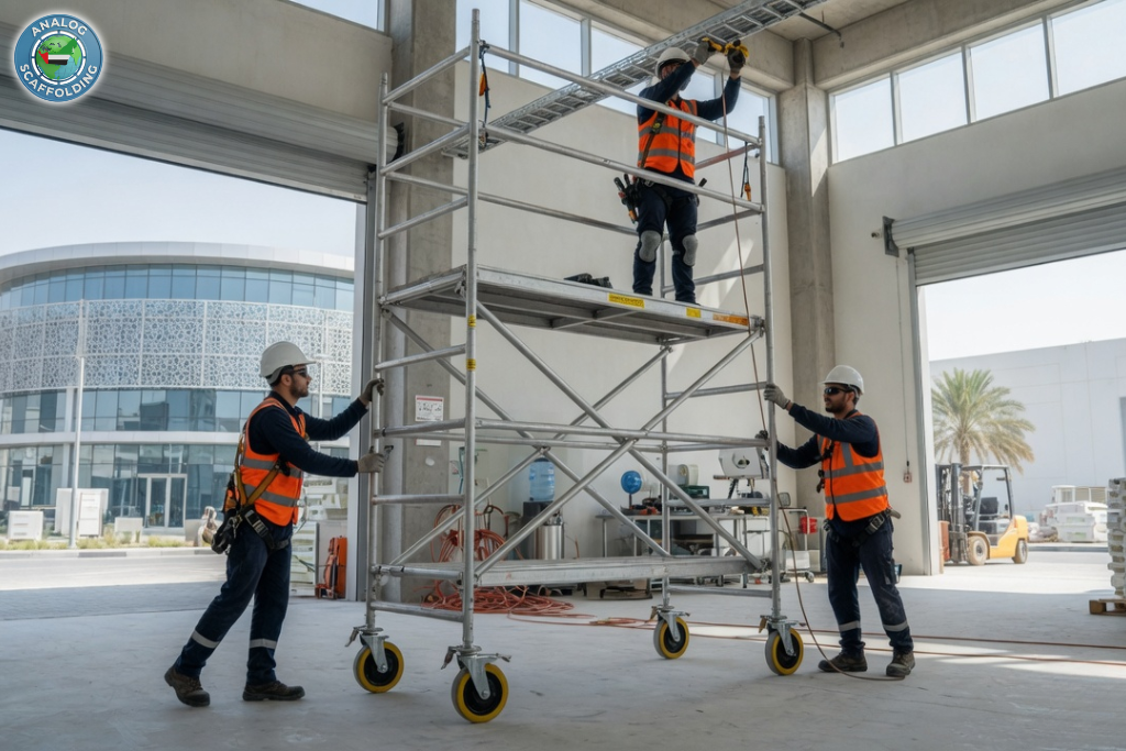 Mobile scaffold towers with wheels for safe and flexible work at height