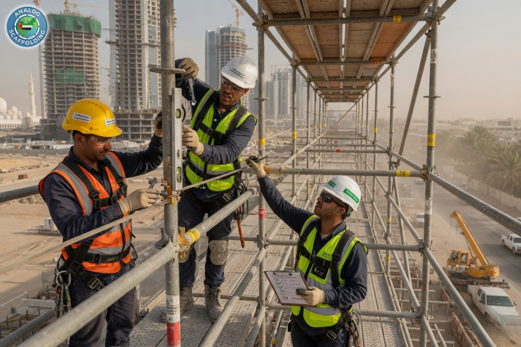 Certified scaffolders providing installation, inspection, and support services on construction sites