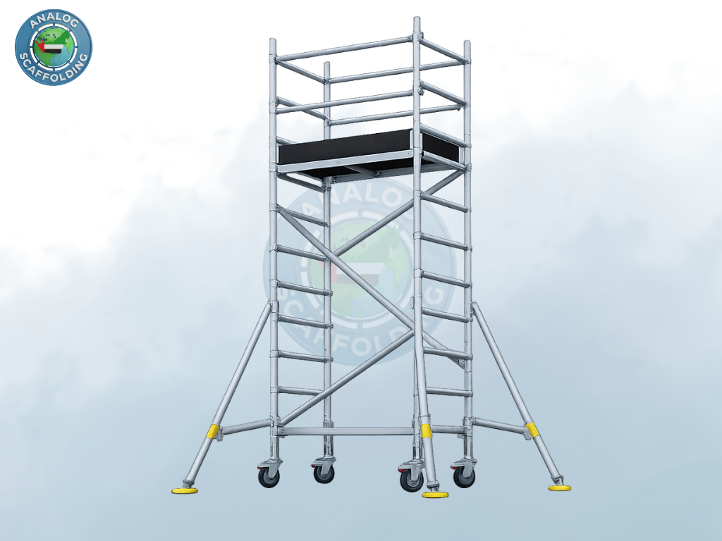 aluminium mobile narrow scaffolding tower moving through tight workspace in UAE
