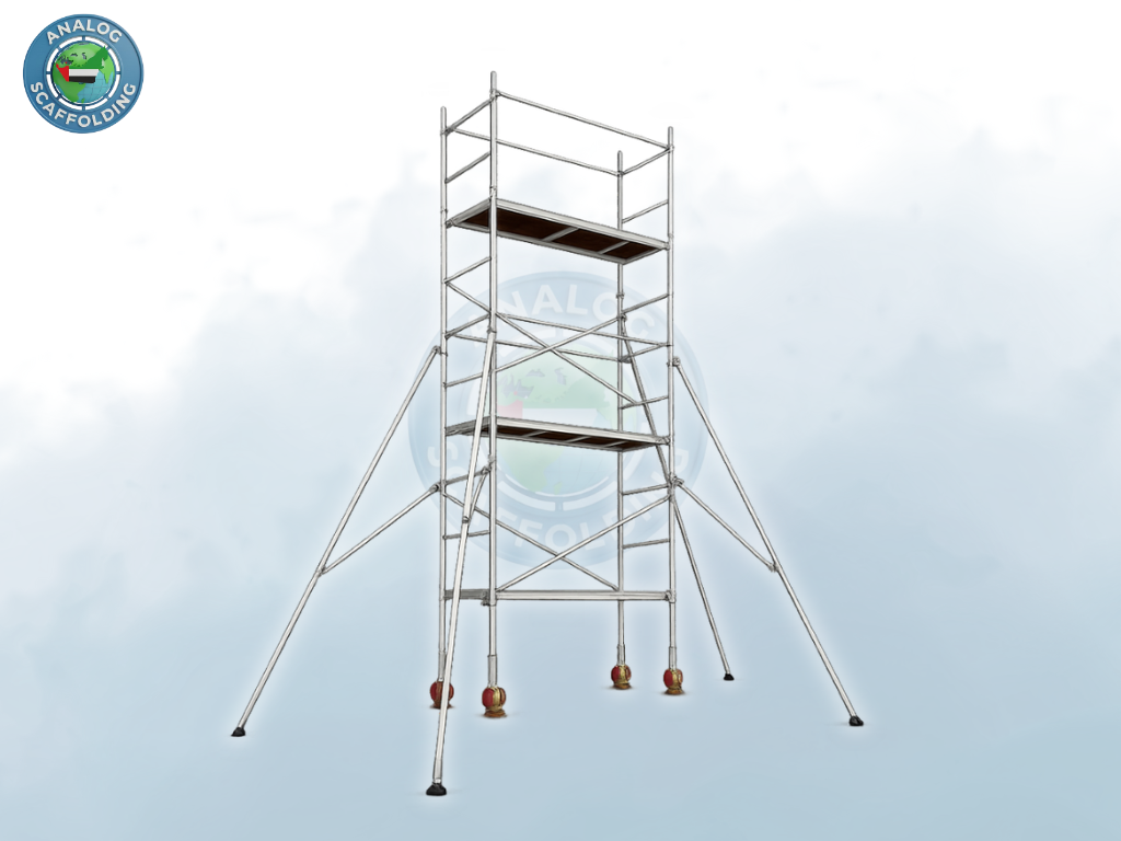 single width aluminium scaffold tower used in narrow workspace on UAE project site